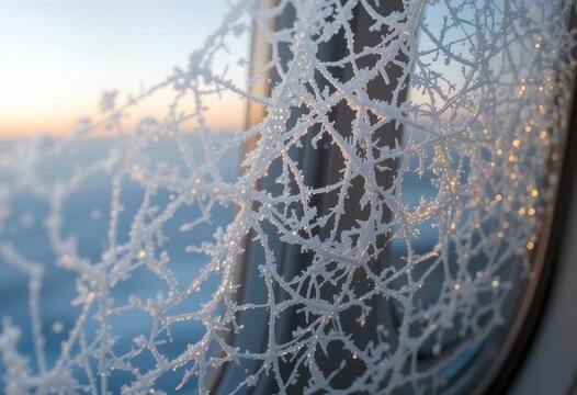 Close-up of delicate frost patterns on a window glowing in warm sunrise light. Serene winter atmosphere with intricate ice crystals, perfect for seasonal, nature, and texture-themed visuals.