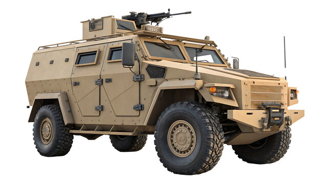 Tan armored combat vehicle with machine gun mounted on roof in desert environment