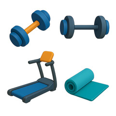 Gym Equipment Set 3D Illustration Dumbbells Treadmill Yoga Mat for Fitness and Exercise Enthusiasts and Health Conscious Individuals