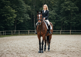 Young woman riding a horse in riding gear on equestrian arena  