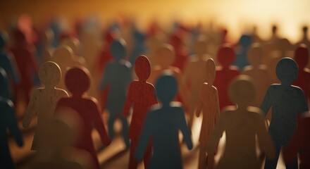 Abstract crowd of colorful people figures in a blurred background with warm lighting effect scene