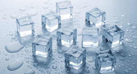 Clear ice cubes with air bubbles trapped inside, creating a refreshing and cool background.