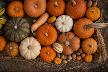 Verschiedene K&uuml;rbisse in herbstlichen Farben auf Holzuntergrund &ndash; bunte Erntemischung mit dekorativen Formen und Texturen aus der Natur