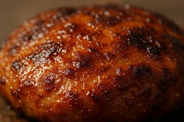 Juicy grilled burger patty in a macro close-up.