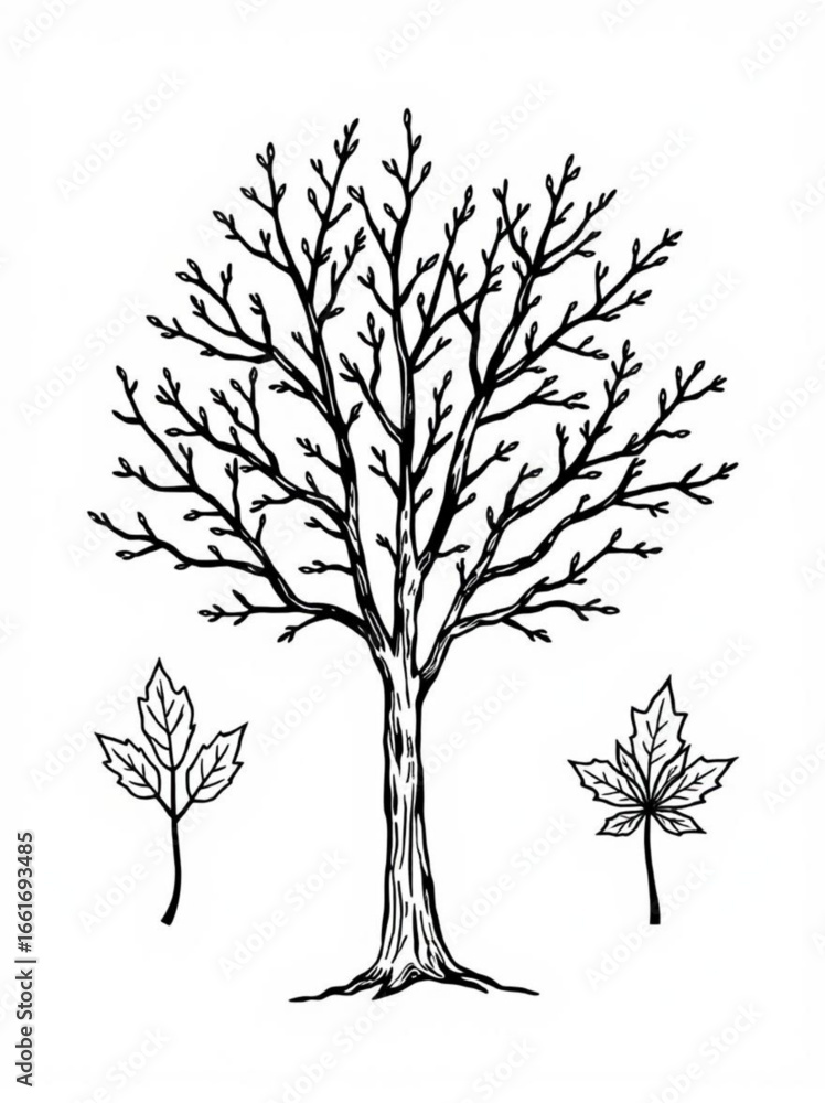 Poster minimilist illustration of a bare tree with detailed branches and two leaves on a white background d