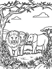 Minimilist two lions and an elephant standing together in a jungle scene under a tree with clouds in the sky vector