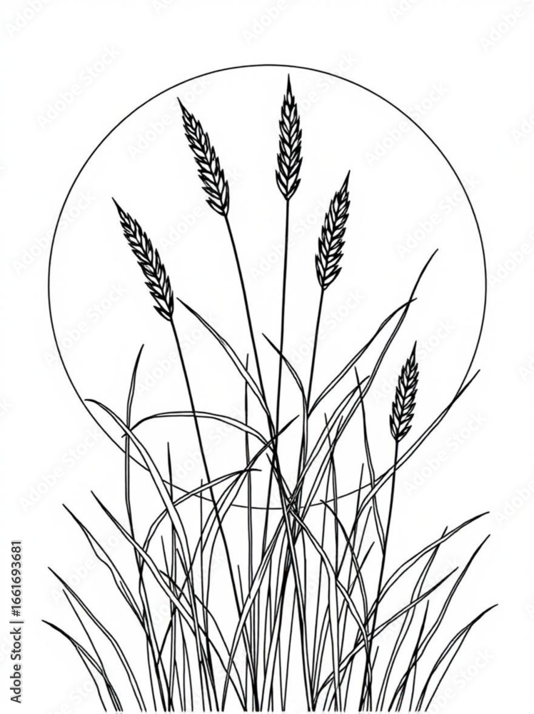 Poster minimilist line art drawing of tall grass and wheat stalks in front of a circle on a white backgroun
