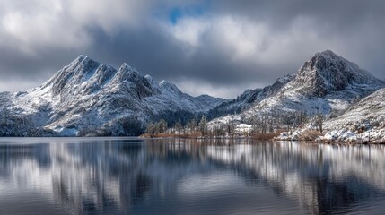 Snow Covered Alpine Mountain Range Reflected in a Calm Lake Beneath Dramatic Winter Clouds Snowy Forested Shoreline and Silent Valleys