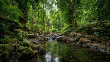 Obraz premium Lush green tropical jungle forest with a clear flowing stream. Mossy rocks and vibrant plants line the peaceful water, showing a serene natural environment.