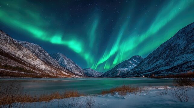 Northern Lights over Snowy Mountain Valley with an Ice Cooled Lake and Starlit Night Sky