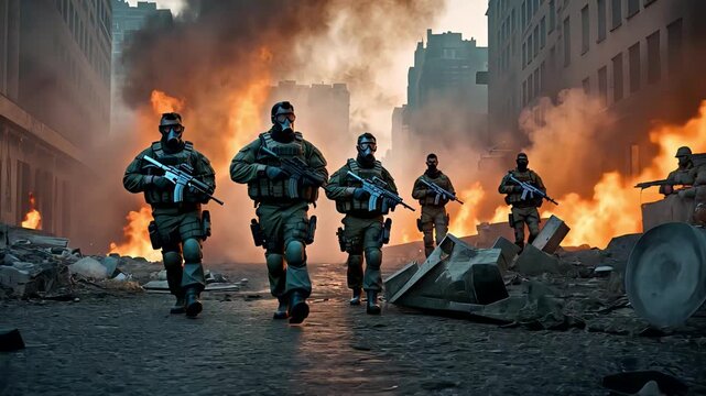 Armed soldiers in tactical gear advancing through urban warzone with flames smoke and destroyed buildings