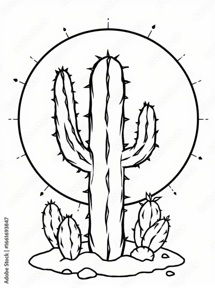 Poster minimilist illustration of a cactus with spines surrounded by a circle with radial lines and small c