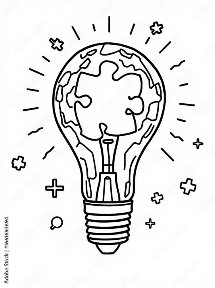 Poster minimilist outline of a lightbulb containing puzzle pieces and emitting light rays on a white backgr