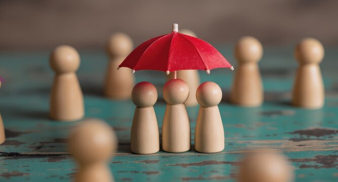 Wooden figures under a red umbrella symbolizing protection and security on a textured surface setting scene