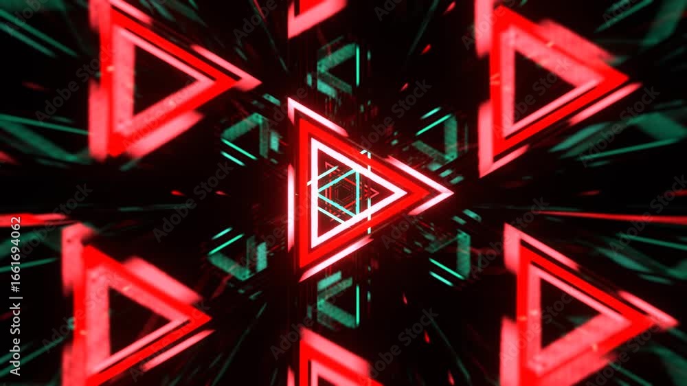 Poster abstract futuristic concept design with a glowing red neon triangle tunnel creating a kaleidoscopic 