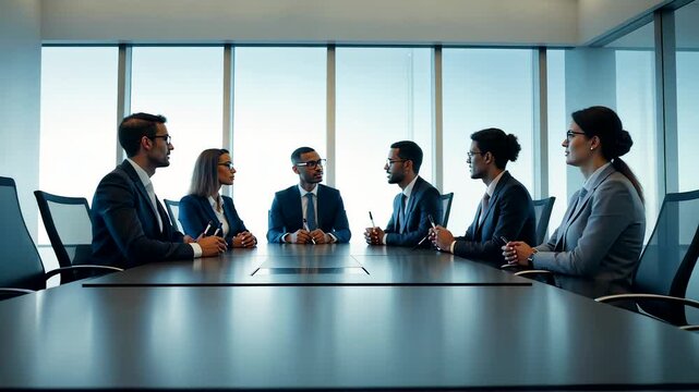 Professional business executives in formal attire sitting around a conference table in modern glass office