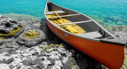 Obraz premium An orange canoe with a yellow paddle rests on rocky shore next to crystal clear turquoise water view