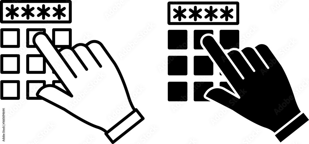 Fototapete code icons. black and white vector illustration. man dials secret pin code to access finance. man's 