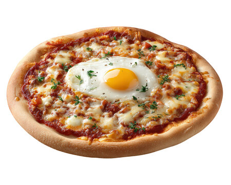 Fried egg pizza with golden crust, melted cheese, tomato sauce, and fresh herbs, offering creative and appetizing food concept for breakfast or brunch menu design - Powered by Adobe