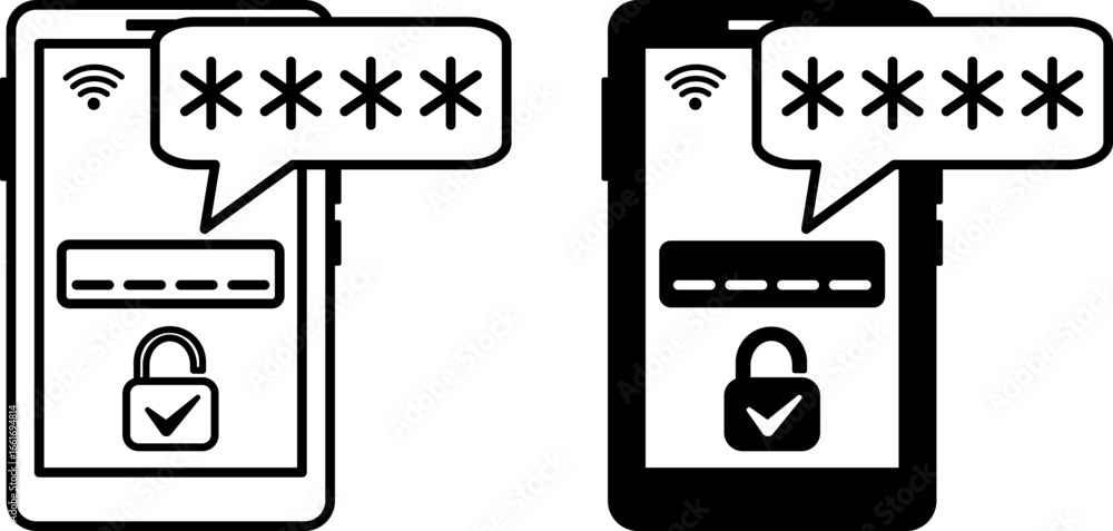 Fototapete one time password icons. black and white vector illustration. mobile phone, secret code, and lock wi