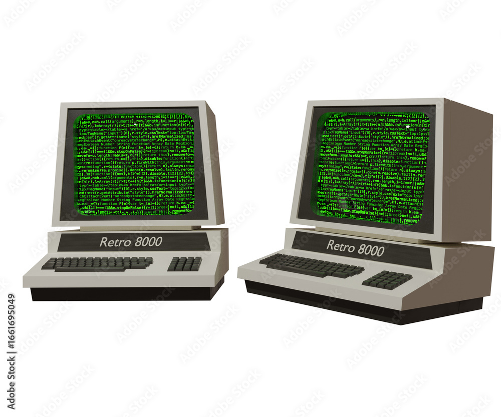 Fototapete 3d rendered retro computers with green code displayed on their screens, isolated on transparent back