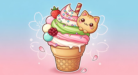 A cartoon ice cream cone with a cat and fruits