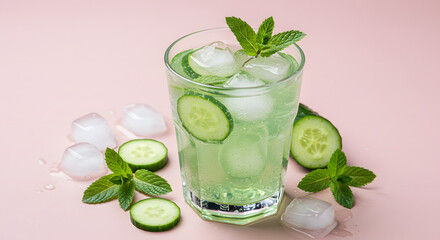 Fototapeta premium A glass of cucumber mint cooler, light green color with cucumber slices and fresh mint garnish. Ice cubes floating inside, placed with cucumber slices and mint leaves scattered around the glass.