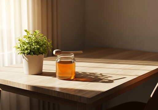 International coffee day a jar of golden honey with a dipper rests on a wooden table next to a potted green plant, illuminated by warm sunlight streaming through a window