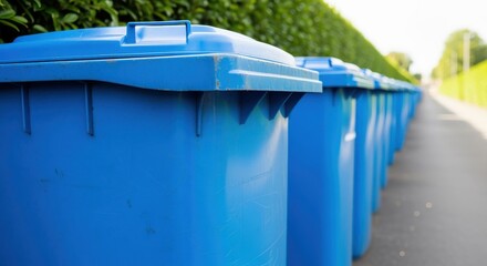 A row of blue recycling bins lined up along a street with green hedges in the background on a sunny day