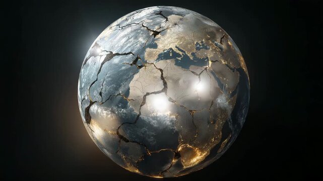 A planet with a large crack in it. The planet is surrounded by a dark background. Conceptual globe illustration with cracked earth texture overlay, dramatic symbolic geopolitical scarcity concept
