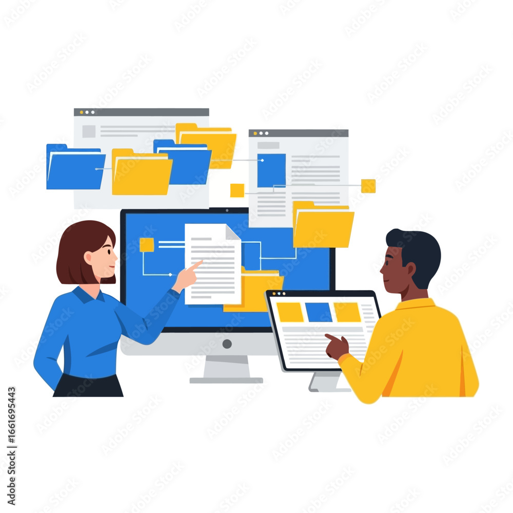 Poster data analysis: a vibrant illustration of two individuals collaboratively analyze data across interco
