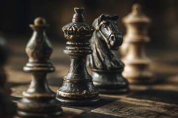 Fototapeta premium Game components positioned tactically on timber surface enhanced by hot focused illumination 
