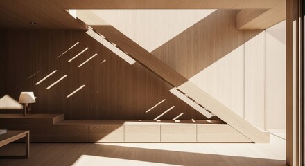 Fototapeta premium Interior design with sunlight casting shadows from stairs and a skylight on the wall surface