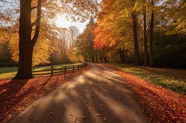 Herbstlicher Waldweg bei Sonnenlicht &ndash; malerische Naturaufnahme mit buntem Laub, geschwungenem Pfad und stimmungsvoller Lichtstimmung im Wald