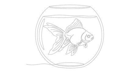 Goldfish in Aquarium Line Art: A delicate line drawing depicts a goldfish gracefully swimming within a glass aquarium, capturing the essence of serenity and aquatic beauty.