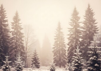 International coffee day misty winter forest with snow covered pine trees and soft light creating a serene and peaceful atmosphere