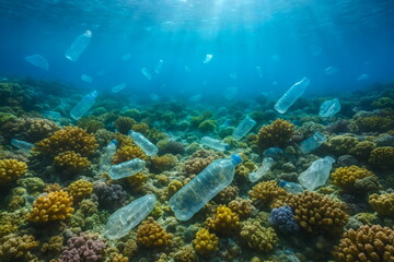 Obraz premium 珊瑚礁の海に沈んだプラスチックゴミ Plastic waste sunk in the ocean with beautiful coral reefs