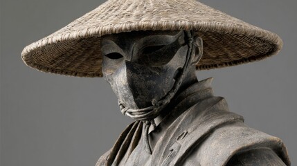 Mysterious masked figure in traditional hat and robe on gray background.