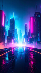 Ai surreal neon landscape: Futuristic city architectur makes you feel hopeful and alive. Surreal landscape is modern and full of possibilities
