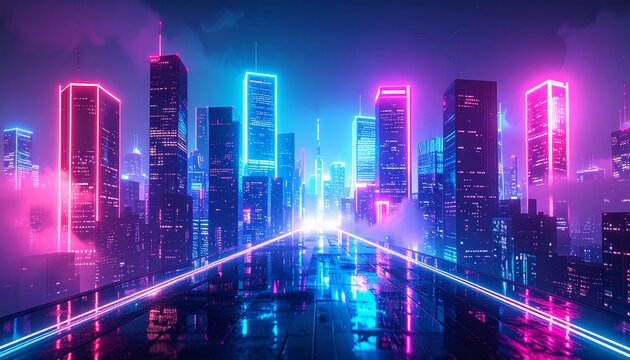 Ai surreal neon landscape: Futuristic city architecture glows with neon brilliance, surreal, AI designed landscape showcasing geometric precision and captivating light