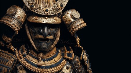 Ornate traditional samurai armor in gold with intricate detailing on black background.