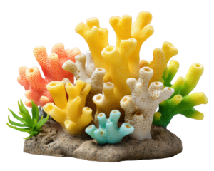 Colorful coral reef element with yellow, orange, green, and blue coral branches on sandy rock base, vibrant marine life, tropical underwater scene, cheerful and lively decoration