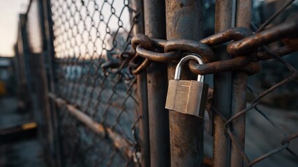 A chain link fence with a padlock on it. The padlock is silver and has a keyhole. Closeup of locked warehouse gate with heavy chain and padlock,supply chain disruption, dark gritty industrial feel - Powered by Adobe
