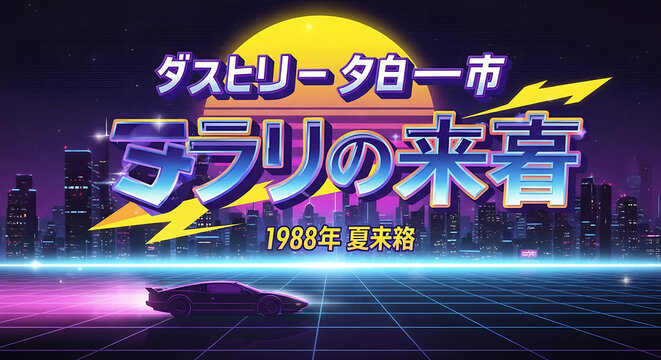 Retro cityscape with car and japanese text overlay