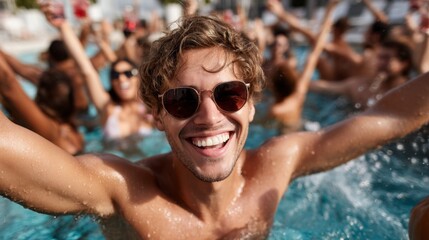 Young people enjoying a lively dance party at a poolside gathering during summer in a vibrant atmosphere