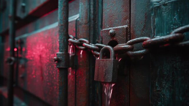A chain is attached to a metal door. The chain is locked. Closeup of metal shipping container with heavy lock chained around it, export ban, dramatic dark metallic tones with red highlights
