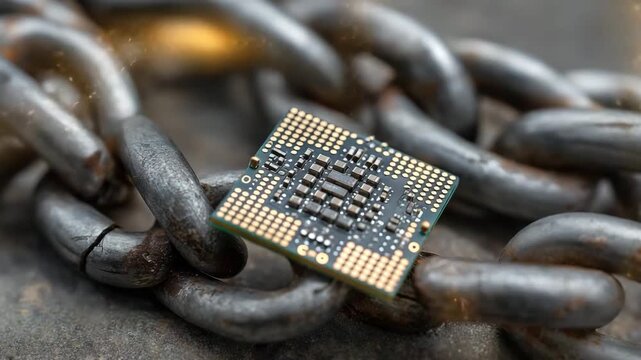 A computer chip is hanging from a chain. The chip is black and has a green top. Closeup of microchip locked in thick metal chain, conceptual export ban, gritty industrial style