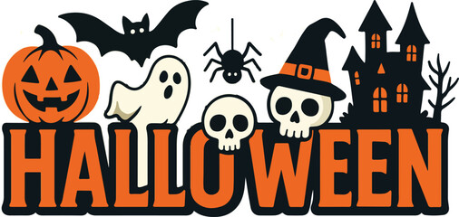 Halloween Typography with Pumpkins, Bats, Ghosts and Spooky Elements Vector Set