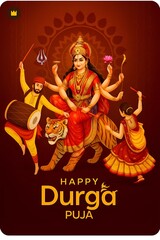 Illustration of durga puja with goddess durga on a tiger and devotees