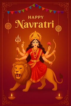 Illustration of goddess durga riding a lion for happy navratri festival